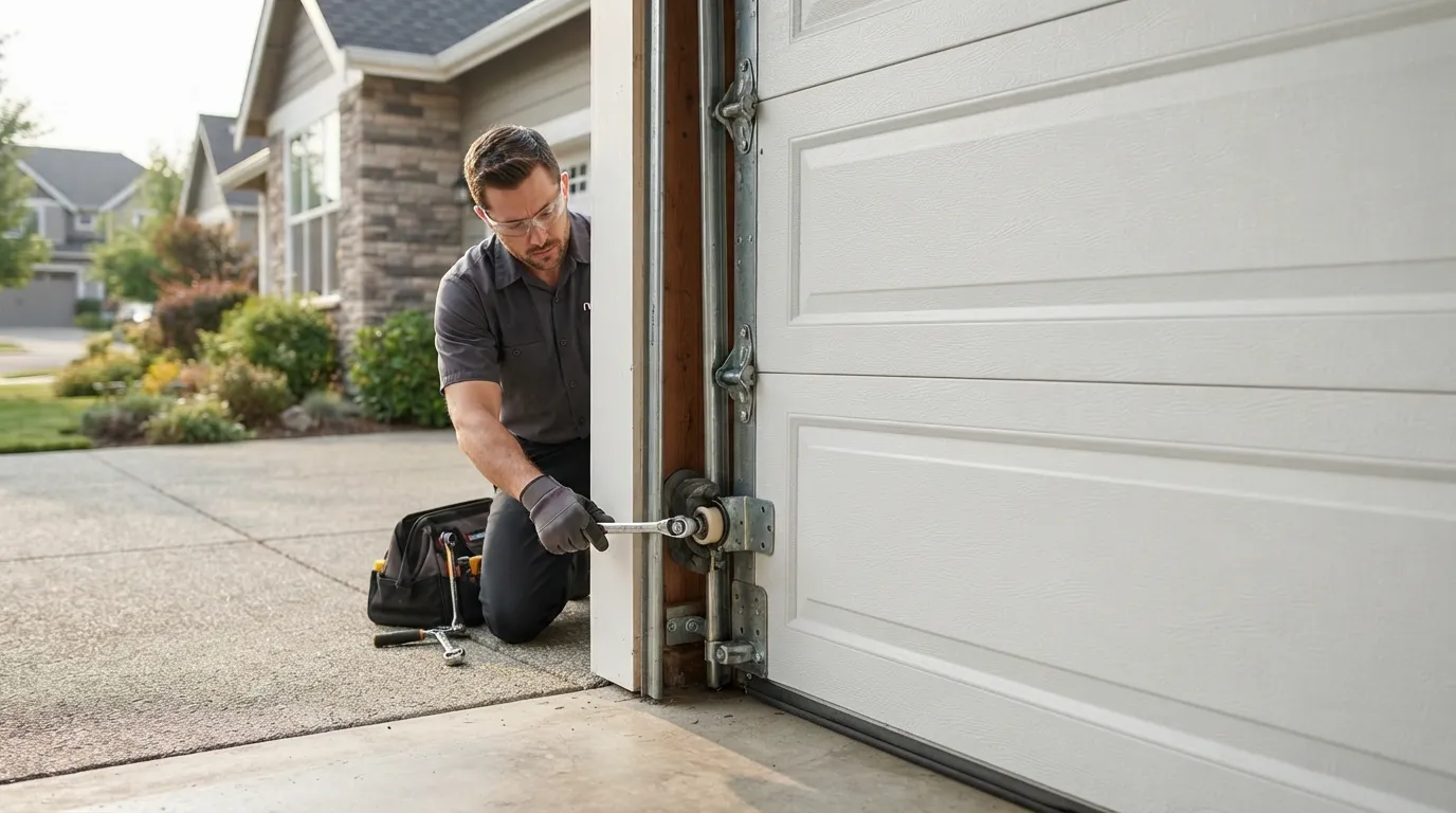 Garage door technician repairing an older garage door in Mansfield Ohio