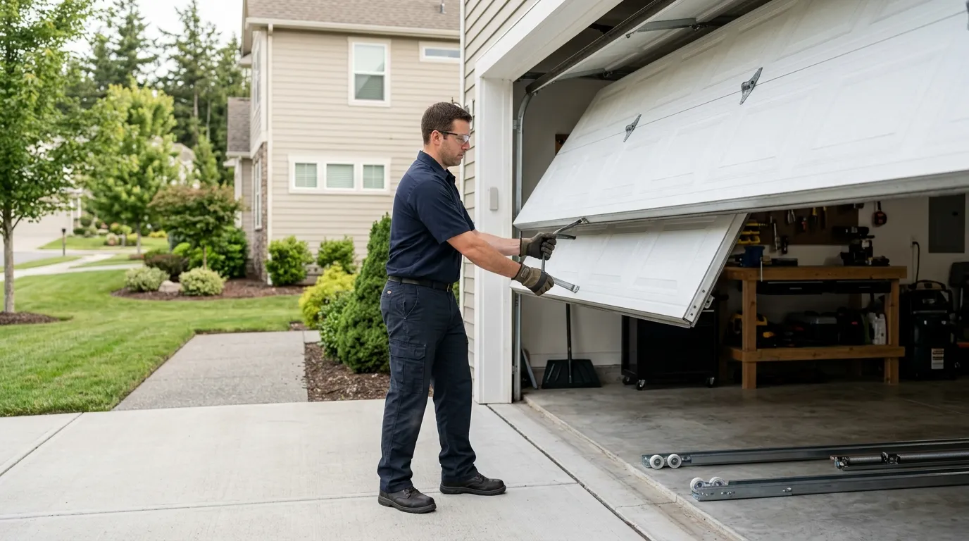 Garage door technician inspecting springs rollers tracks and opener in Mansfield Ohio